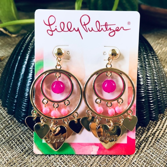 LILLY PULITZER EARRINGS NWT 🩷 Paradise Pink LOVE HEART CHARM Dangling POST - Picture 6 of 11